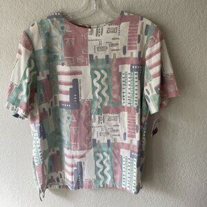 Vintage 90s Pastel Abstract Art Print Short Sleeve w/ Shoulder Pads Made USA